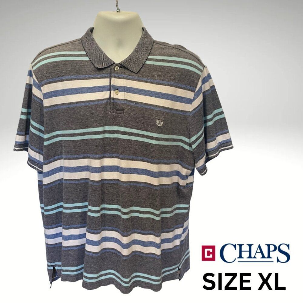 Chaps Men’s Polo Shirt – Gray with Blue & White Stripes – Size XL